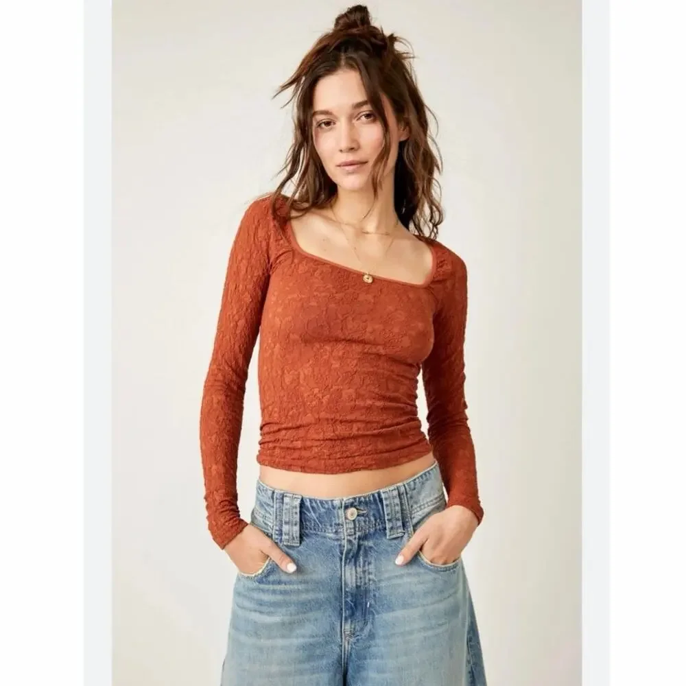 Free People Intimately Have It All Long Sleeve Textured Top Rust M/L